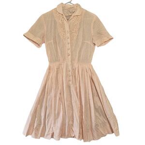 Vintage Jeanne Model Women's Pink Lace Details Short Sleeve Button Shirt Dress M